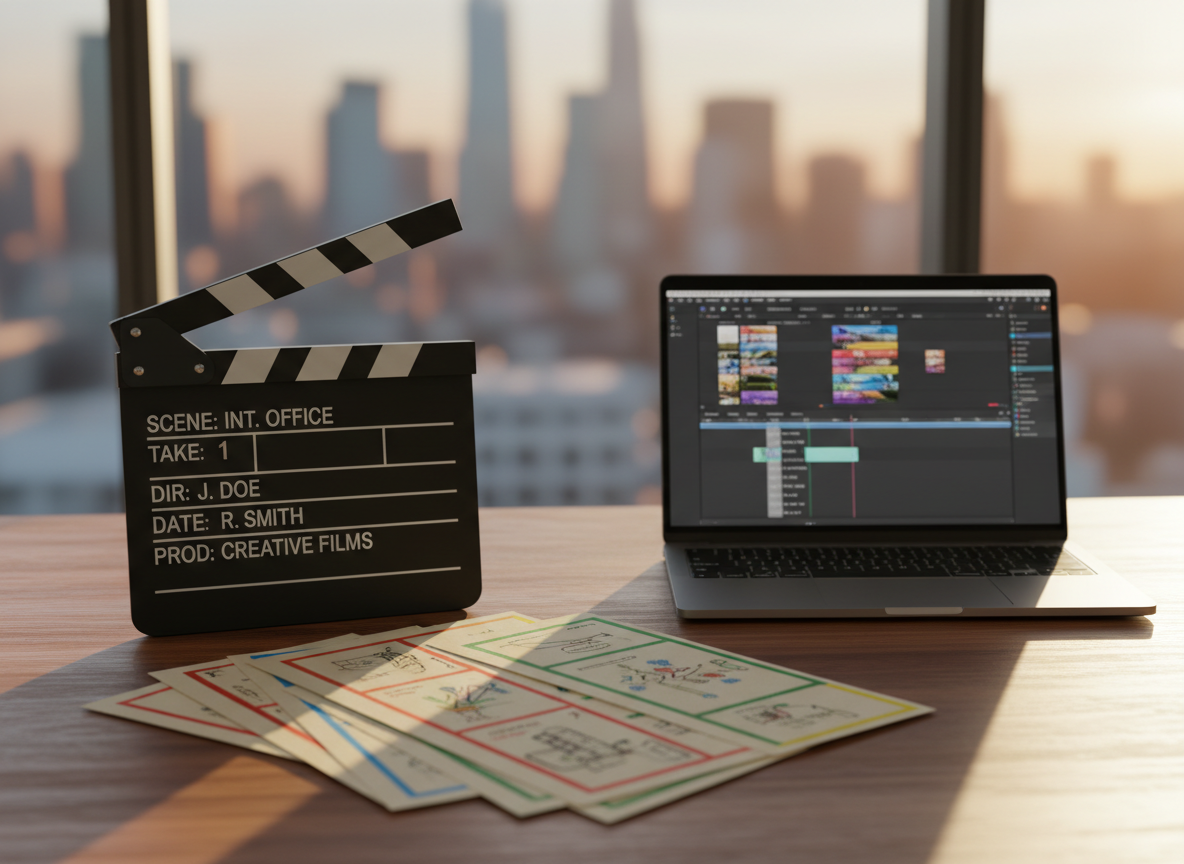 A meticulously organized film producer’s desk, featuring a matte black clapperboard with crisp white markings, a spread of color-coded storyboards on heavy textured paper, and a sleek silver laptop displaying a timeline of video clips. The desk is a rich walnut surface with subtle grain, set in front of a large window overlooking an abstract urban skyline rendered in soft blur. Late afternoon, cinematic golden-hour light pours in, casting long, defined shadows and warm highlights across the objects. Shot at eye level with a shallow depth of field, the foreground in sharp focus and the city bokeh behind. The mood is focused and professional, balancing creativity with strategic planning, in a clean, modern, cinematic realism style.