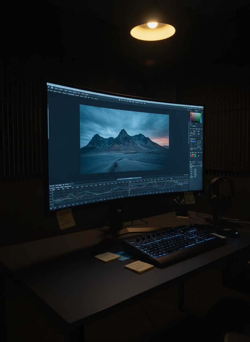 A dimly lit editing suite with a wide, ultra-high-resolution monitor displaying a paused frame of a moody landscape documentary scene, color grading curves and scopes visible around it. The monitor sits on a minimalist black desk with a compact control surface, scattered sticky notes, and neatly coiled headphones. Surrounding acoustic panels soften the walls, barely visible in the shadows. A single overhead practical casts a soft, warm pool of light, contrasted by the cool blue glow from the screen, creating a dramatic, cinematic chiaroscuro effect. Captured from a three-quarter angle, framing the monitor on the rule of thirds, with a subtle lens flare from the screen. The atmosphere is intense yet controlled, evoking thoughtful, precise post-production work in a sleek, modern style.