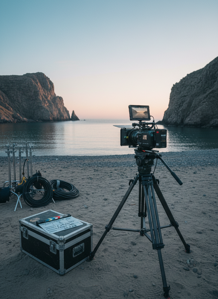 A dawn-lit, empty film set on a remote coastline, with a high-end digital cinema camera mounted on a sturdy tripod facing out toward rugged cliffs and a calm, reflective sea. The camera rig includes a matte box, follow focus, and an attached monitor showing a framed shot of the horizon. Light stands and neatly coiled cables sit to one side on the textured sand, while a simple slate rests atop a weathered equipment case. The early morning sky glows in muted blues and soft pinks, casting cool, diffused light that gently illuminates the gear and creates soft, elongated shadows. Shot from a low, slightly wide angle to emphasize scale and openness, with cinematic depth and subtle grain. The mood is contemplative and anticipatory, evoking independent documentary production and sense of place.
