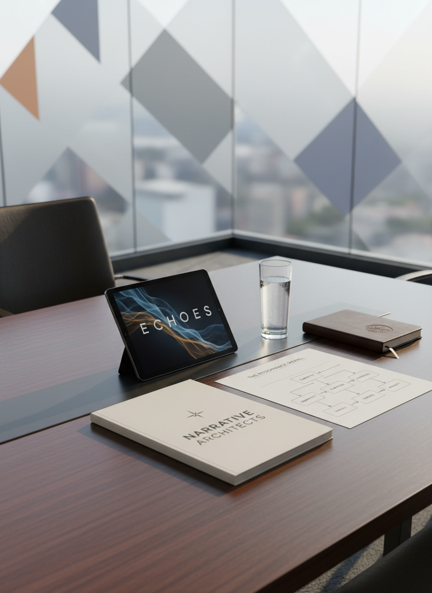 A polished conference table in a modern glass-walled office, topped with a carefully arranged set of pitch materials for a brand storytelling campaign: a bound treatment booklet with a minimalist cover, a tablet showing a sleek mood reel frame, and a printed slide with a clear strategic framework diagram. A slim glass of sparkling water and a closed leather notebook sit nearby, adding tactile contrast. The city beyond the glass is blurred into soft geometric shapes. Bright but diffused daylight floods the room, creating clean reflections on the table’s dark, semi-gloss surface and subtle rim lighting on the materials. Captured from a slightly elevated angle, the composition leads the eye diagonally through the layout. The atmosphere is professional, confident, and commercially smart, with a cinematic, high-end corporate realism.