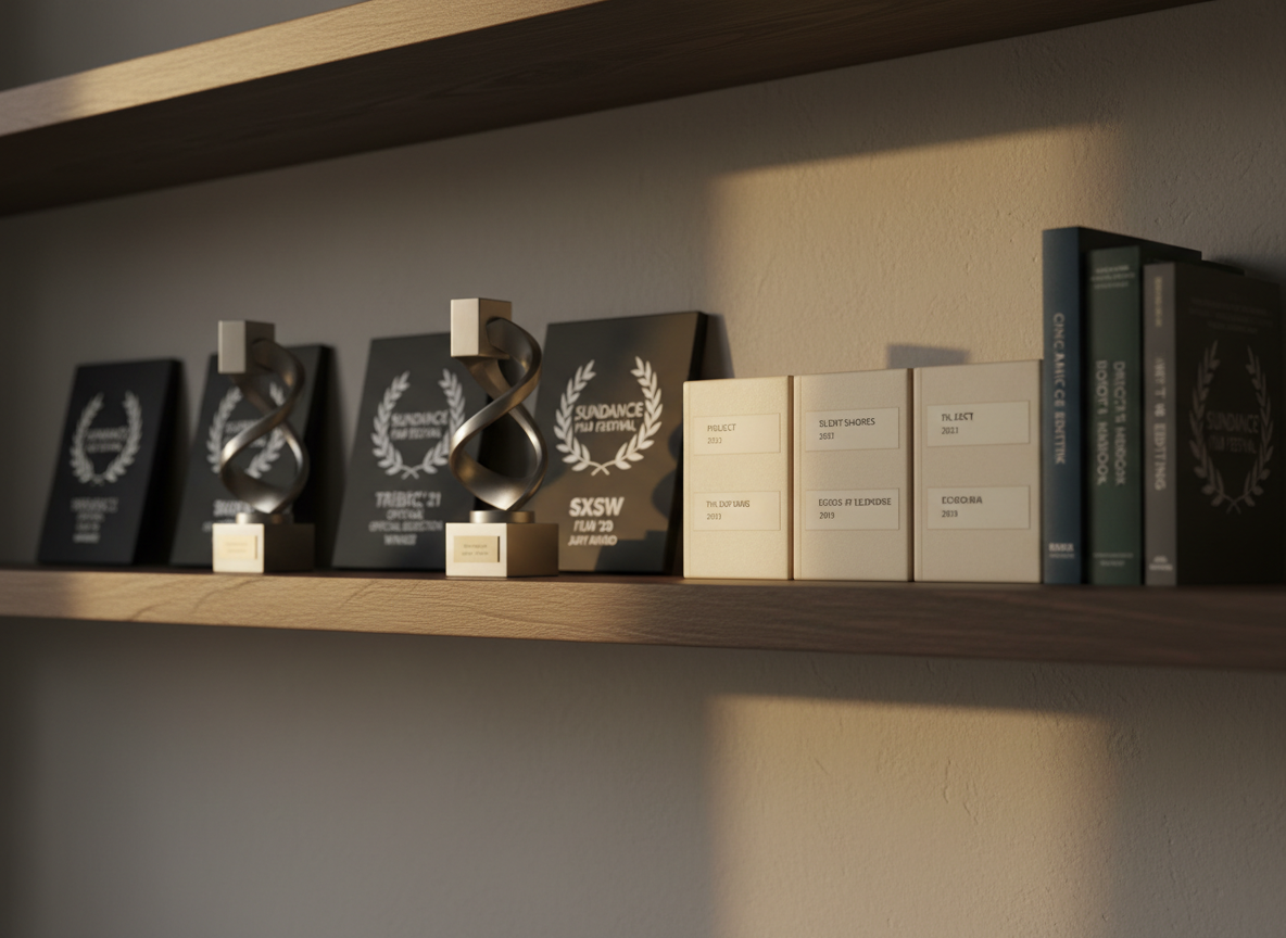 A carefully curated shelf in a studio office, displaying a selection of independent film festival laurels printed on matte black plaques, a few minimalist, abstract awards made of brushed metal, and several neatly lined archival film boxes labeled with project titles and years. Beside them, a small stack of hardcover filmmaking books with understated spines adds intellectual weight. The shelf is made of dark-stained oak, set against a softly textured, warm gray wall. A narrow beam of late-afternoon sunlight enters from an unseen window, creating a dramatic, cinematic streak of light across the spine of one box and the edge of an award, while the rest recedes into gentle shadow. Shot at a slight angle with shallow depth of field, the front objects in crisp focus and the back softly blurred. The mood is reflective, grounded, and quietly ambitious.